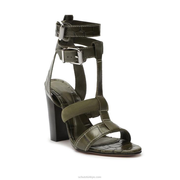 Schutz N42F132chantelle timsah kabartmalı deri sandalet askeri yeşil