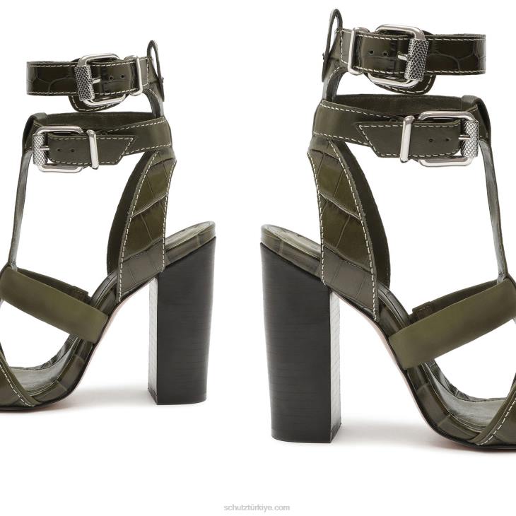 Schutz N42F132chantelle timsah kabartmalı deri sandalet askeri yeşil