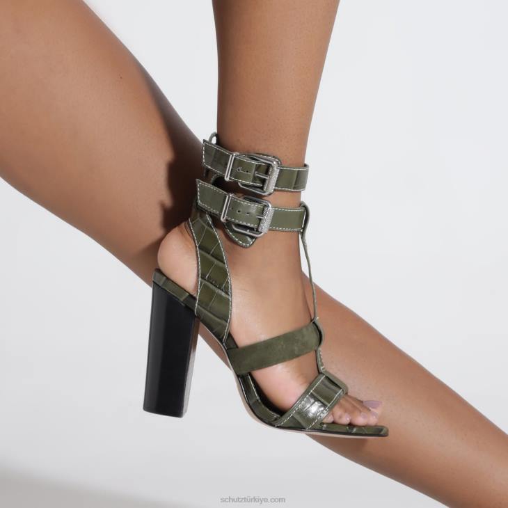 Schutz N42F132chantelle timsah kabartmalı deri sandalet askeri yeşil