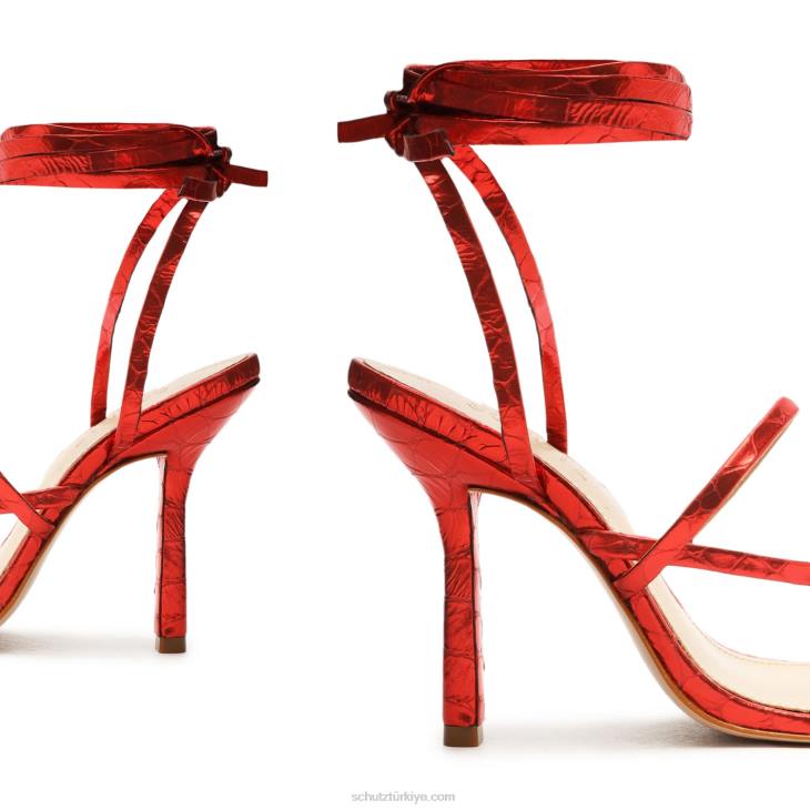 Schutz N42F410lily metalik timsah kabartmalı deri sandalet kırmızı