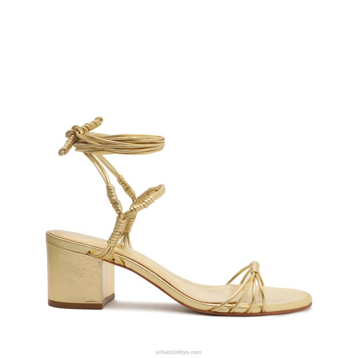 Schutz N42F72amunet orta blok metalik deri sandalet altın